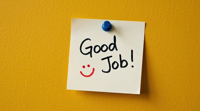 Handwritten sticky note with good job praise on yellow wall with displays handwritten positive positive feedback smiley positive reinforcement encouragement word affirmation text positive message