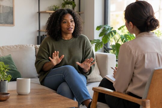 Black entrepreneur practicing assertive boundaries in therapy. Mental health and professional support