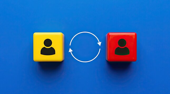 Two colored cubes with icons connected by circular arrow on blue background with indicating interaction exchange connected bidirectional cubes user communication illustration professional shapes