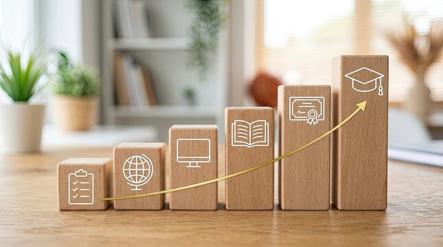 Wooden blocks illustrate progressive education stages on a wooden surface with learning achievement ascending blocks symbols depict ascending order illustration development certificate checklist