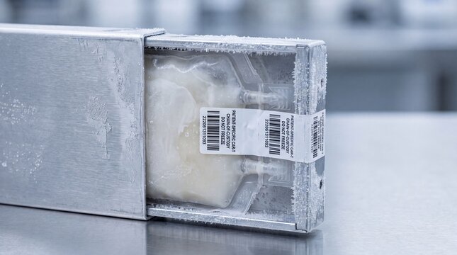 Frozen CAR T Cell Therapy Infusion Bag in Aluminum Cryo Cassette