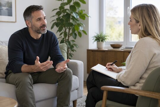 Middle-aged man practicing assertive boundaries in therapy. Mental health and personal growth concept