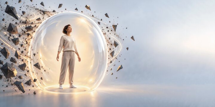 Woman standing calmly inside a glowing transparent bubble while dark geometric shapes shatter outside. Mental protection and resilience concept