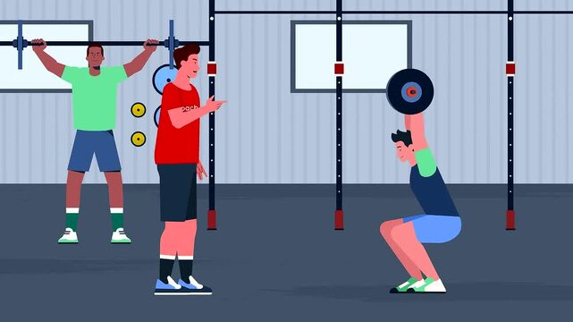 Professional coach instructing weightlifting students during crossfit gym session in this colorful flat 2d animated vector motion graphics video clip