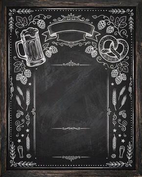 Chalkboard menu background with beer mug and pretzel illustration