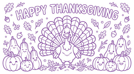 Fototapeta premium Coloring page with happy thanksgiving text, a turkey, and cute smiling pumpkins and gourds for kids to color on white