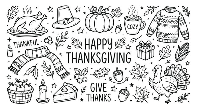 Hand drawn doodle set for thanksgiving featuring roasted turkey, pumpkin, cozy sweater, scarf, pie, and autumn harvest