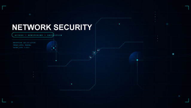 Futuristic network security dashboard with encryption status and data packet analysis hud
