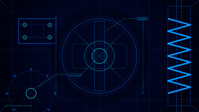 Technical blueprint background with mechanical engineering components, gear, and spring elements in a futuristic digital interface style