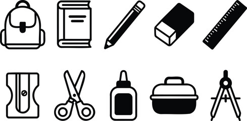 Fototapeta premium School and stationery supply icon set featuring backpacks, books, pencils, erasers, rulers, scissors, and glue on a white background