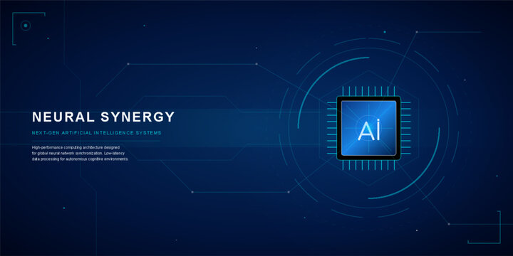 Artificial intelligence neural synergy concept with digital processor chip and glowing data network lines
