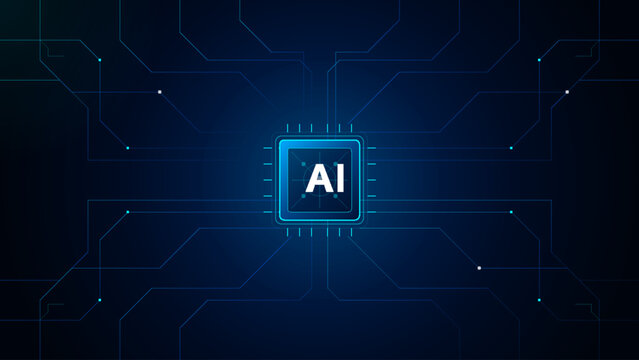 Artificial intelligence chip with digital circuit board lines on a dark blue background