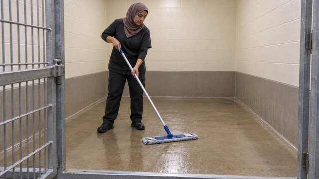 Middle Eastern attendant mops the empty floor of a vacant dog boarding kennel through a fully open gate after the bed and bowls have been removed for room cleaning