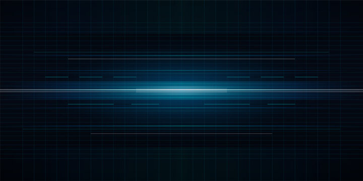 Abstract background with glowing blue horizontal light streaks and digital grid, futuristic technology concept