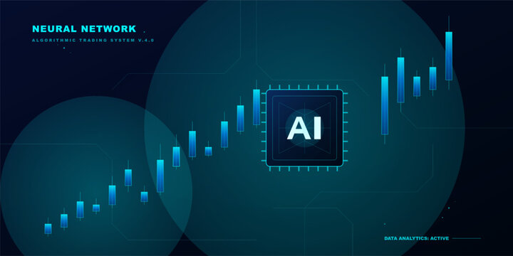 Ai algorithmic trading system interface with financial candlestick stock market chart and digital processor chip