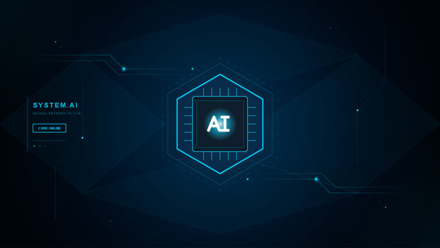 System ai neural network active interface with glowing central processor chip and hexagonal digital frame