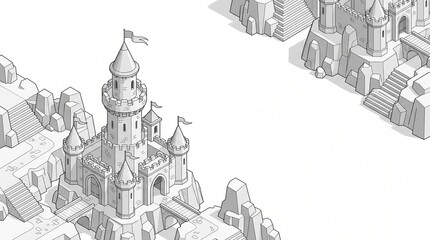 Isometric castle complex with towers stone stairs and bridges in clean outline line art. © Alfik A