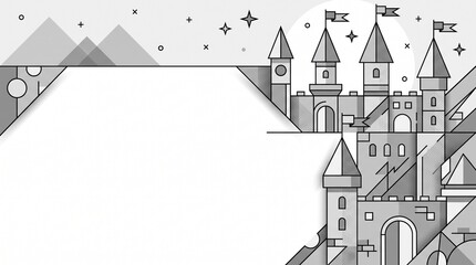 Minimalist digital illustration featuring stylized castle towers and mountains in flat gray. © Alfik A