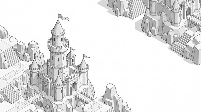 Isometric castle complex with towers stone stairs and bridges in clean outline line art.