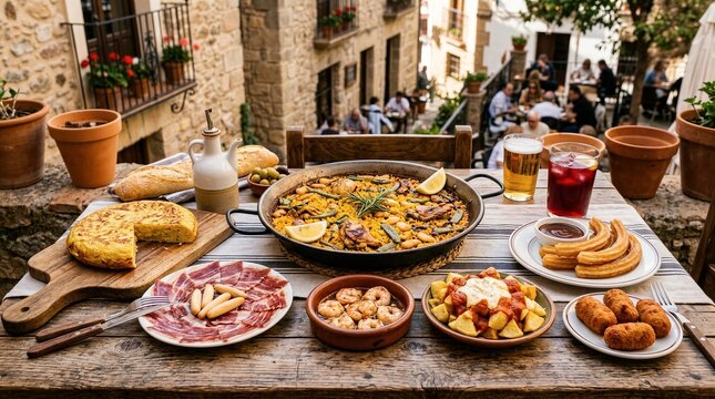 Assorted tapas dishes served on wooden table in narrow stone alley
