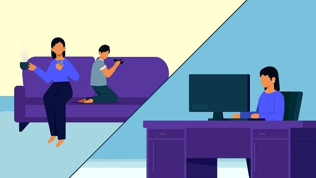 Mother multitasking between household chores and professional remote work represented in this dynamic split screen digital animation motion video footage