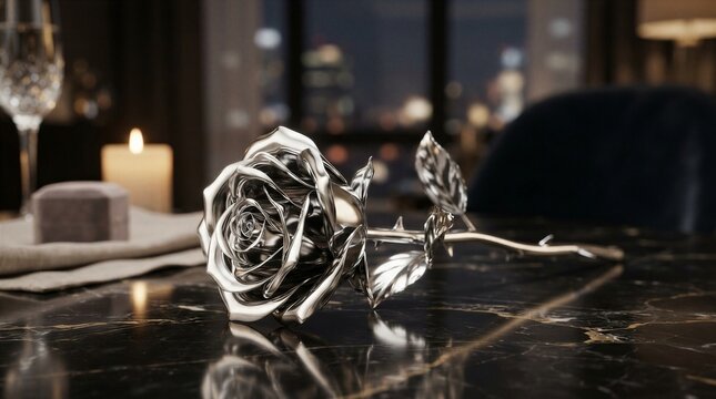 Silver rose sculpture resting on marble table in dining room