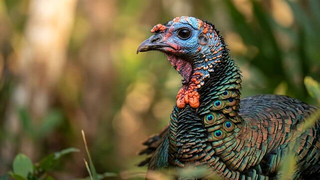 ocellated turkey macro close up portrait at morning light in calakmul mexico video