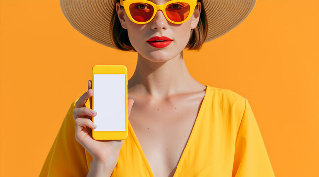 Woman in hat holding smartphone with blank screen on orange background. Female presenting empty mobile display for mockup. Summer vacation and technology concept