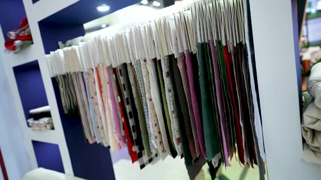Rows of colorful fabric swatches with labeled tags hang on a display rack at a textile exhibition,