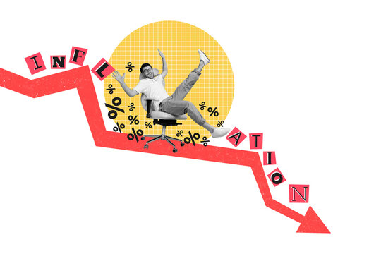 Creative collage picture young man economy inflation falling arrow decrease money loss currency devaluation percent rate