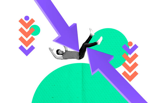 Creative photo poster trend art collage image of shocked businessman fall arrow pointer down regress statistics unbelievable