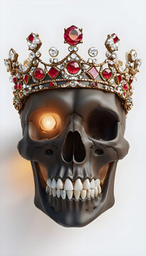 halloween skull on black background, gemstones crown, graphic design illustration, funny and spooky