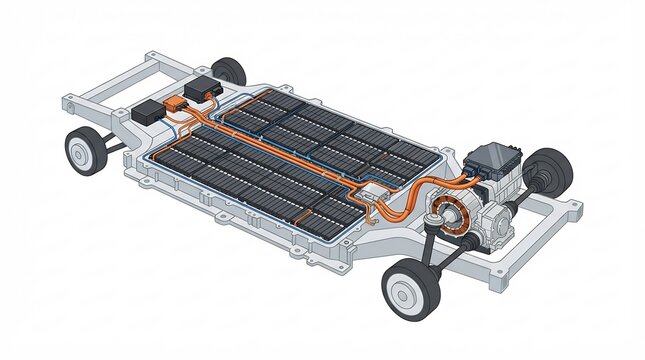 Electric Vehicle Chassis with Battery Pack and Electric Motor Components &ndash; 3D Render Illustration