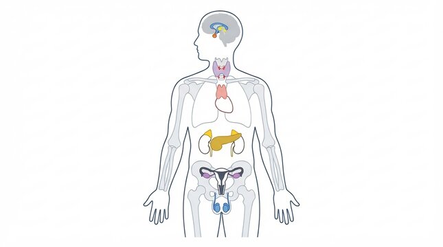 Human Endocrine System Highlighting Key Hormone Producing Glands Within a Transparent Body Silhouette on White &ndash; Medical Diagram Illustration