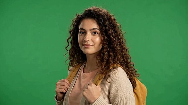 Young woman wearing casual clothes and yellow backpack looking around with curious expressions in this creative studio motion video footage