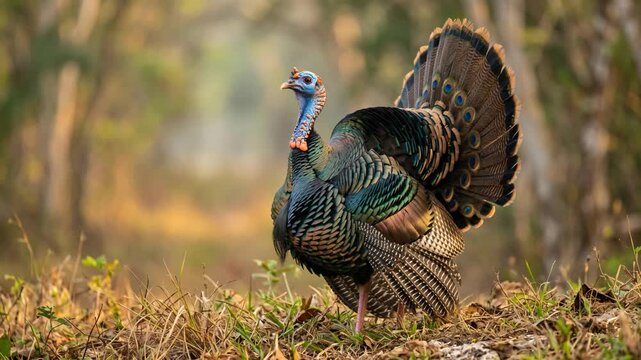 ocellated turkey close up at morning light in calakmul mexico video