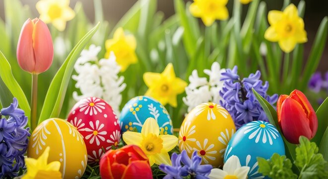 Brightly painted easter eggs peek out from behind vibrant spring flowers in a lush green backyard garden bathed in soft morning sunlight, eggs, background, outdoor