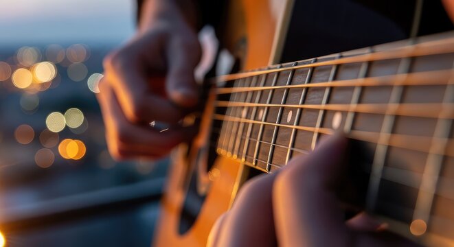 Detailed close-up of acoustic guitar strings being played during an outdoor musical performance at dusk with soft city lights glowing, atmosphere, close-up, detail