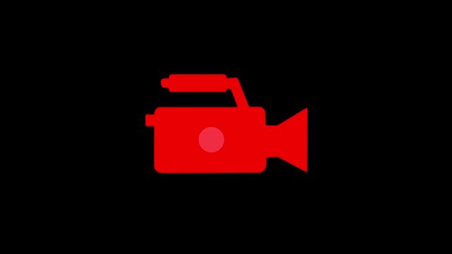Red professional video camera silhouette icon with red record dot on black background animation