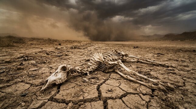 Animal skeleton lying on cracked dry ground under stormy sky