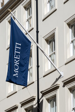 LONDON, UK - SEPTEMBER 12, 2026:  Banner sign outside the Moretti Gallery in Duke Street, St James