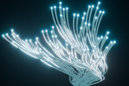 Branching fiber optic 3D strands rendered in cyan light