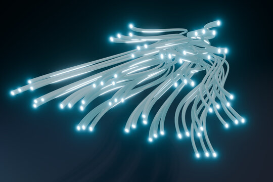 Glowing 3D fiber optic strands fanning across dark teal