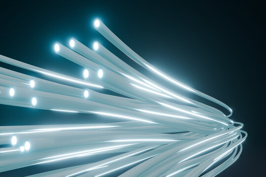 Close-up of 3D fiber optic cables rendered with glowing ends