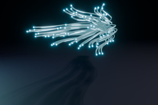 Tangled 3D fiber optic cluster rendered over empty darkness