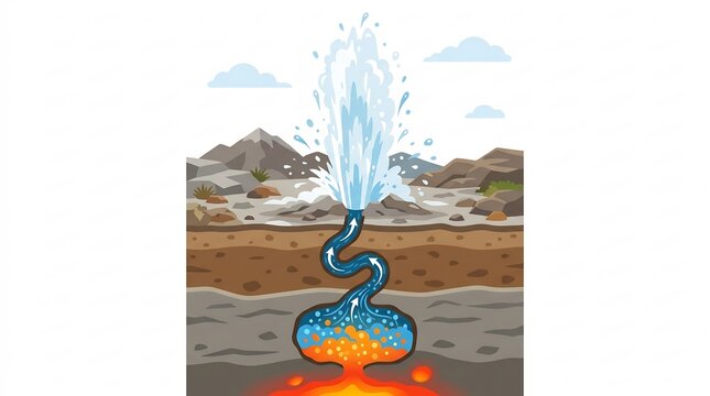 Geyser Eruption Showing the Underground Water Heating Process and the Sudden Release of Steam &ndash; Cross Section Diagram