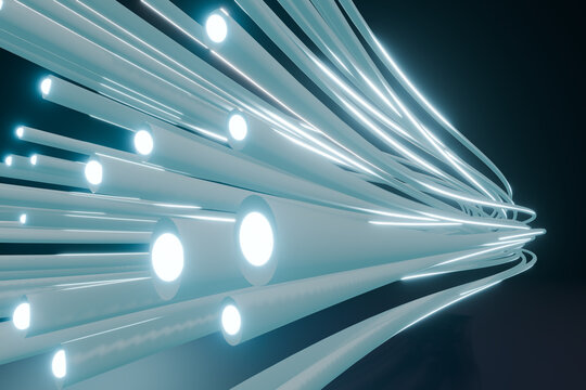 Close fiber optic 3D tubes rendered with bright tips