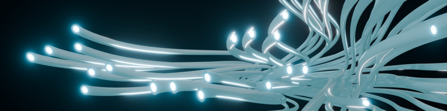 Panoramic 3D fiber optic banner rendered with glowing tips
