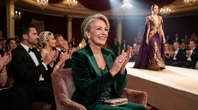 Elegant woman in green velvet smiles, applauding warmly. Audience claps enthusiastically in luxurious theater setting. Model strides down runway in opulent gown, drawing attention