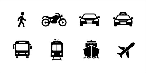 Transportation icon set with mode of transport symbols. Travel options and public transport glyphs for navigation, wayfinding and map interfaces © Point Nemo